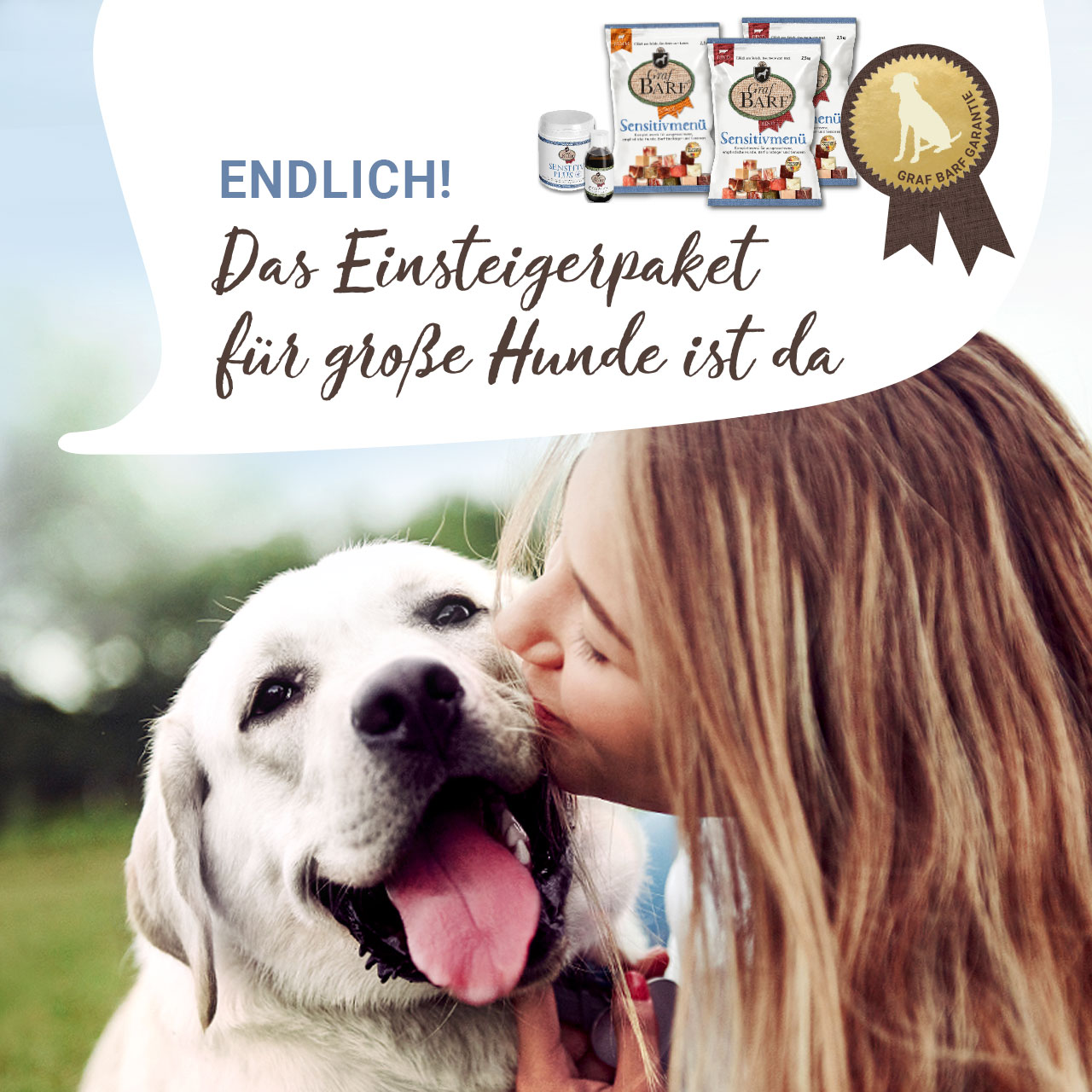 Graf Barf Einsteigerpaket für große Hunde Frau küsst Hund