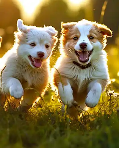 zwei Welpen tollen auf einer Wiese