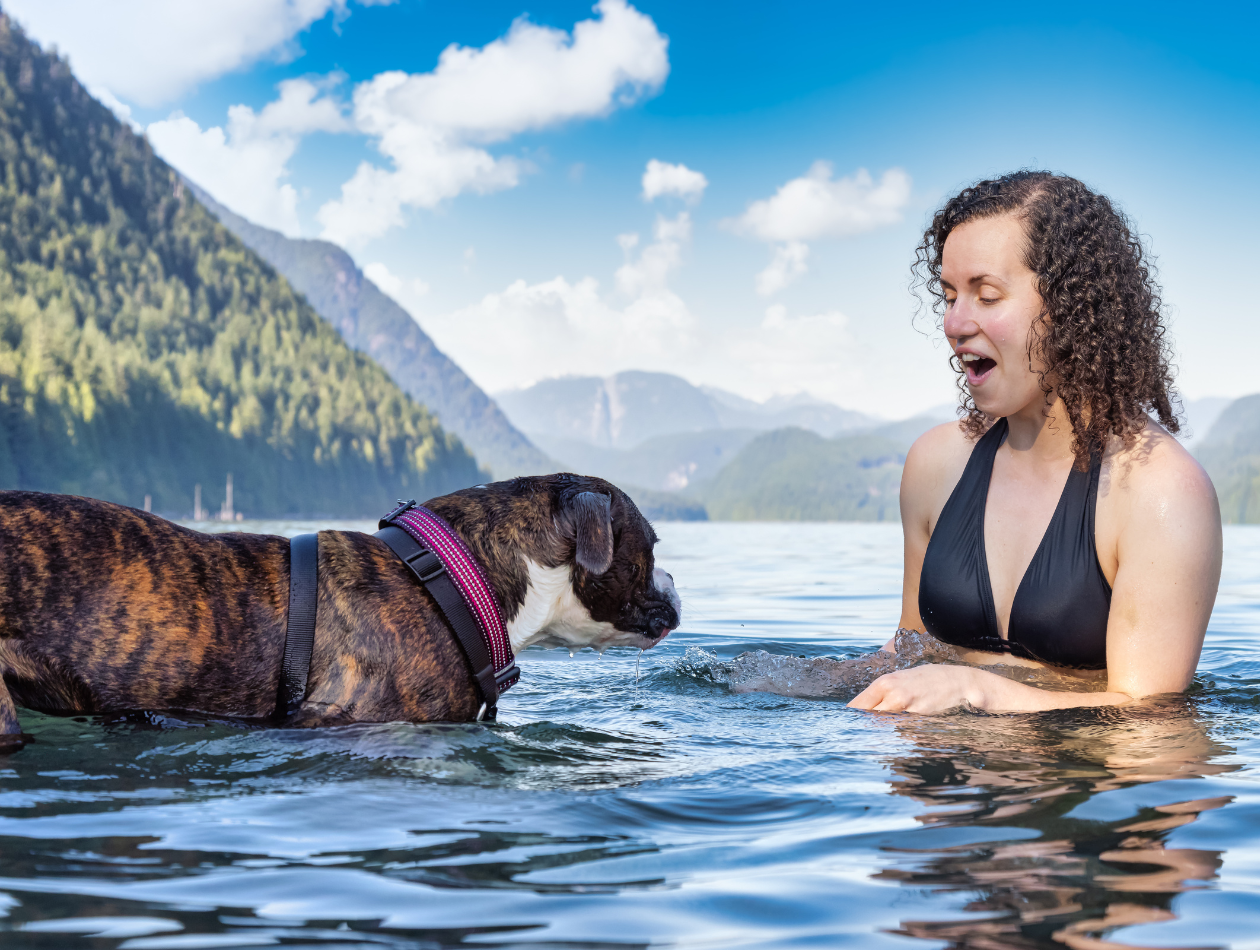Hund auf Reise mit Frau im Wasser