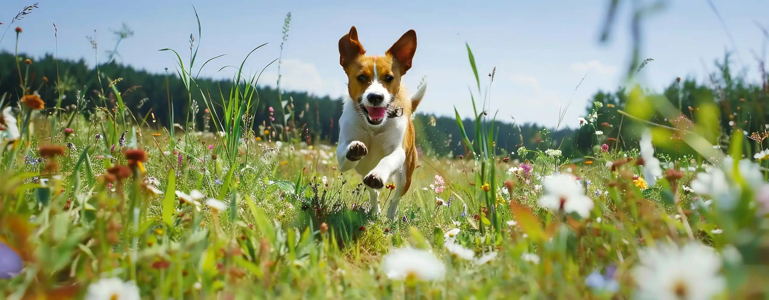 Hund läuft auf einer Wiese