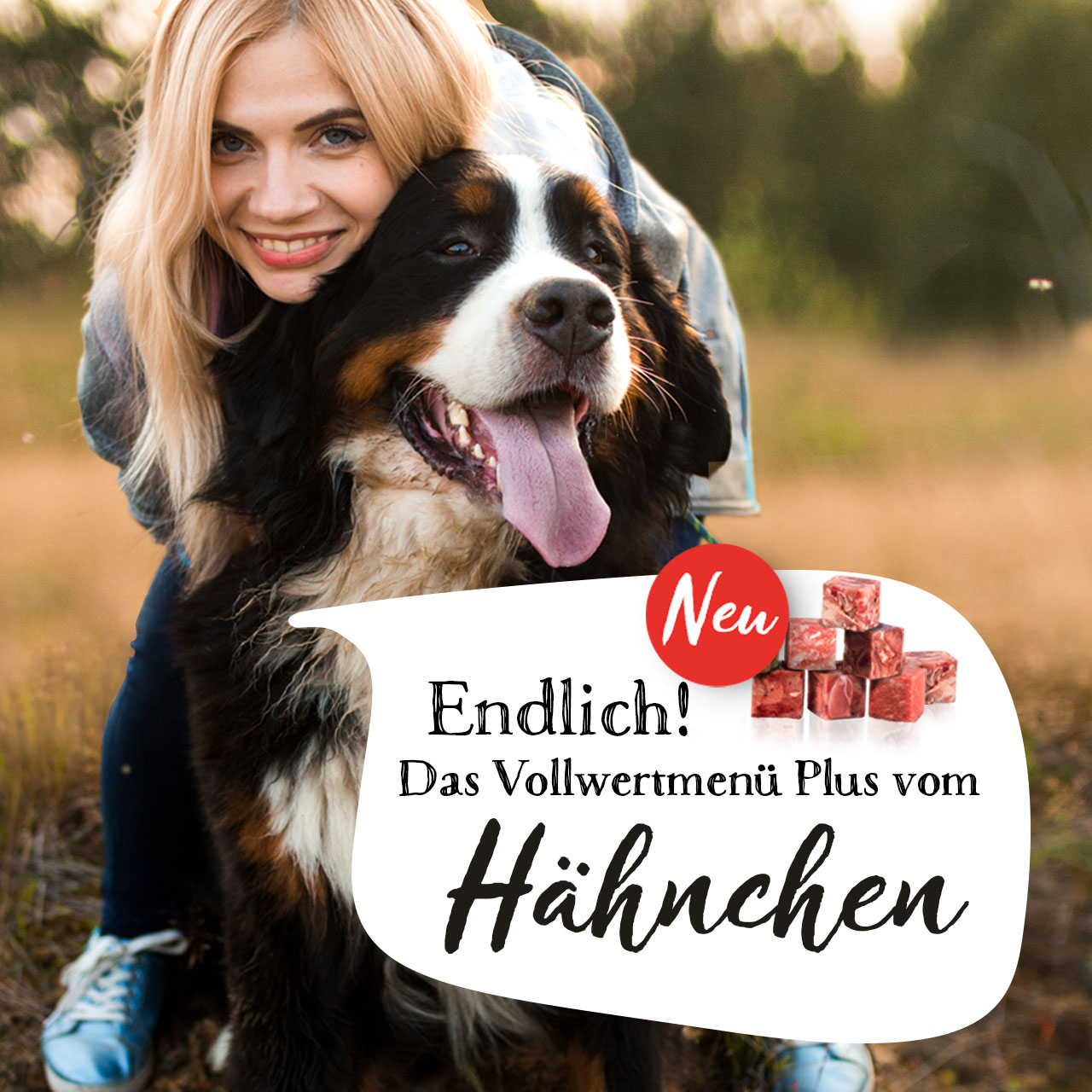 Graf Barf Vollwertmenü Hähnchen Frau umarmt Berner Sennenhund